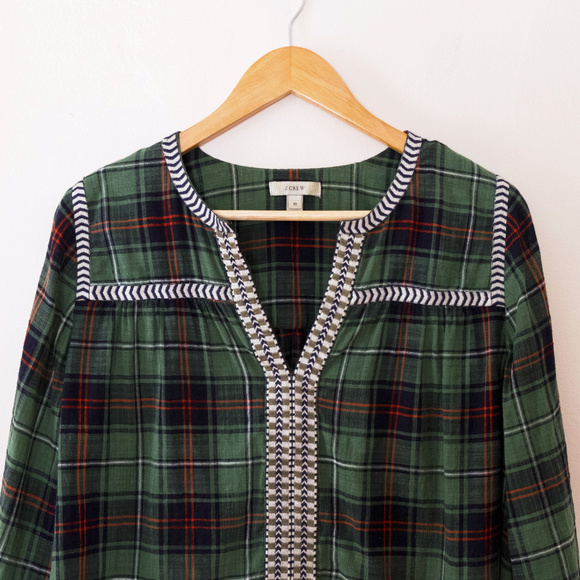 J. Crew Embroidered Peasant Top in Green Plaid - Picture 3 of 7